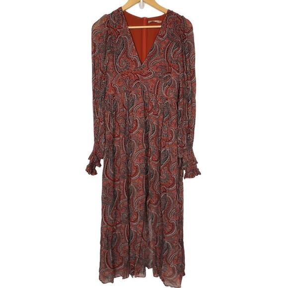 Thurley Golders Dress Paisley Boho Long Balloon Sleeve V-Neck A-Line Midi Red 4 - Picture 6 of 13